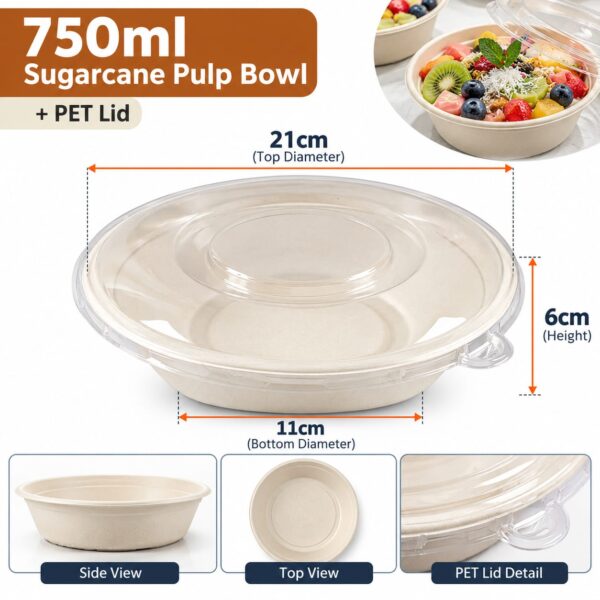 750ml sugar cane pulp bowl with lid (50pcs)